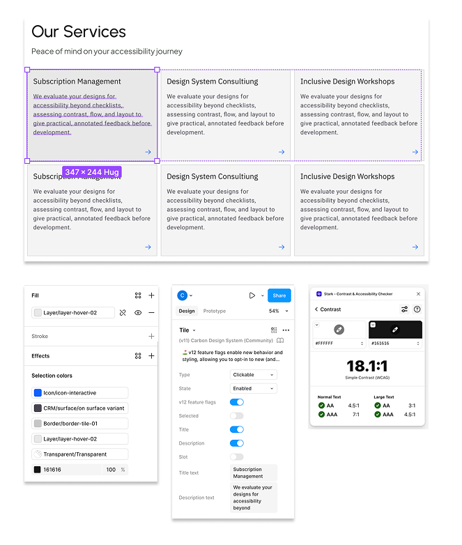 Figma design file showing Carbon Design System components and tokens